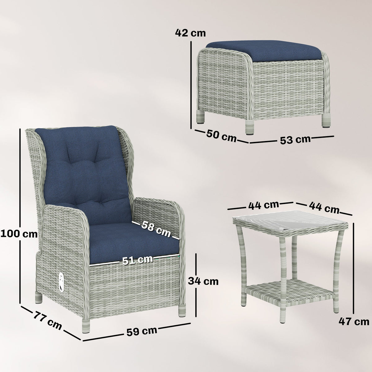 5 Piece Rattan Reclining Chair Set with Footstool and Glass Table, Dark Blue — product view 5