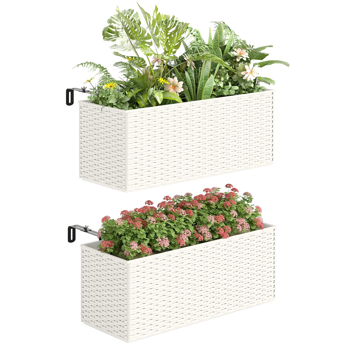 2 Pack 20" Railing Planter Boxes with Hooks and Drainage, White — product view 1