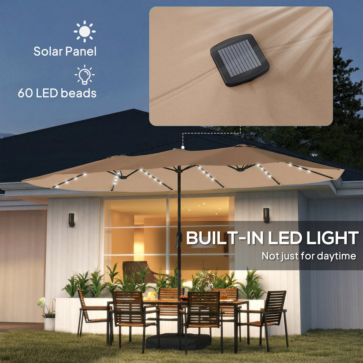 4.5 m Double-Sided Garden Parasol with LED Lights, Base & Sandbags, Khaki — product view 7
