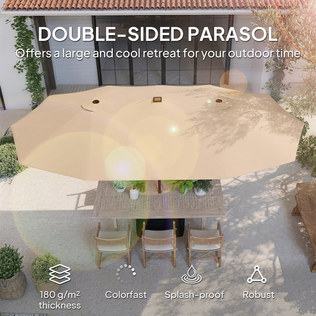 4.5 m Double-Sided Garden Parasol with LED Lights, Base & Sandbags, Khaki — product view 6