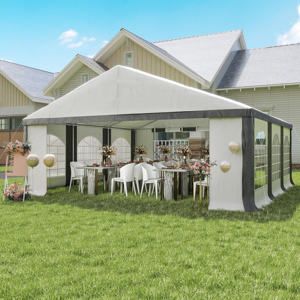 20' x 20' White & Gray Heavy-Duty Party Tent with Removable Walls, Double Doors — product view 3