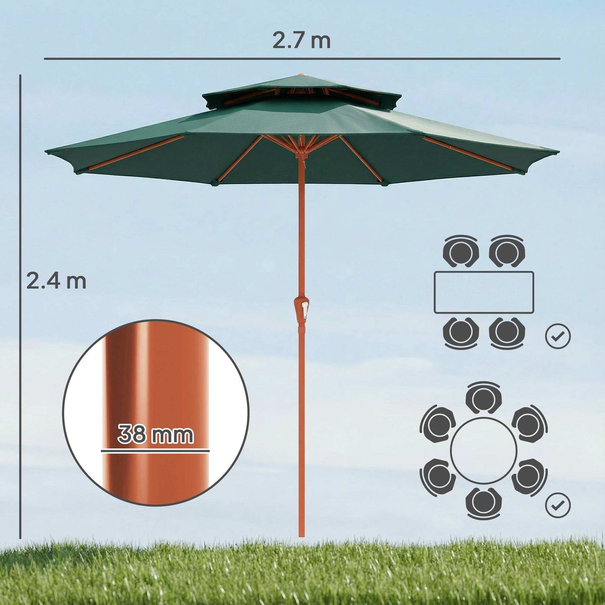104'' x 104'' Patio Umbrella with Crank and Double Top, Green — product view 5