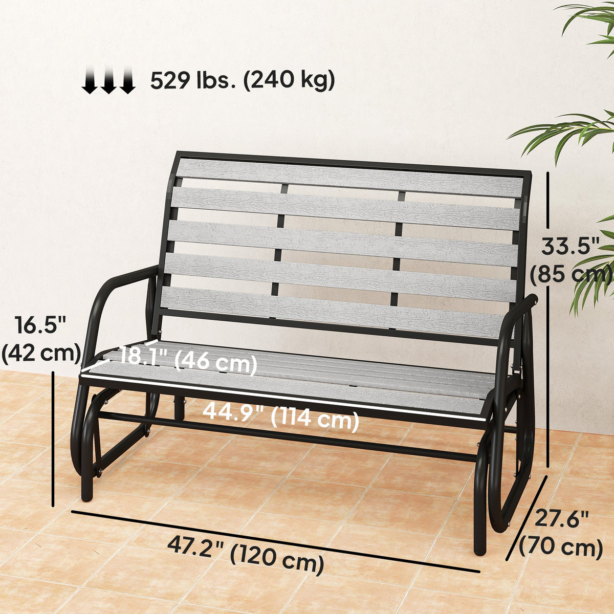 2-Person Outdoor Glider Bench with Faux Wood Slatted Seat and Steel Frame, Grey — product view 5