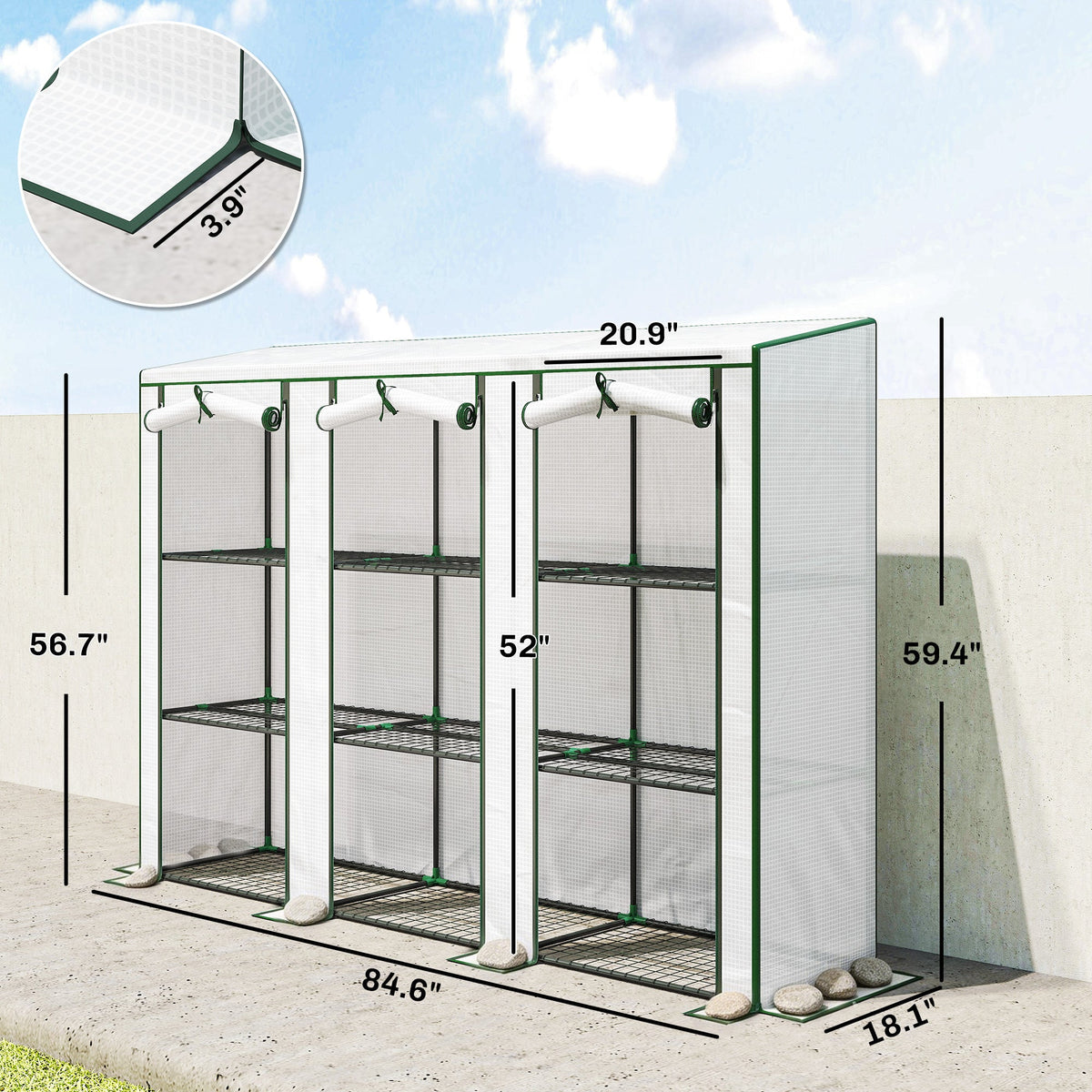 Lean-to Greenhouse 84.6" x 18.1" x 56.7" with 3 Shelves & 3 Rollup Doors, White — product view 5