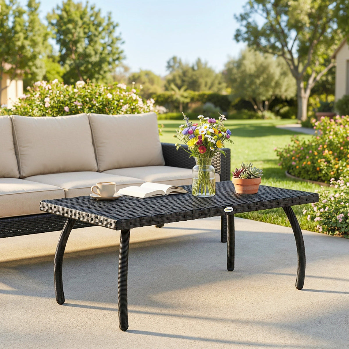 Rattan Garden Coffee Table with All-Weather PE Wicker, Black — product view 3