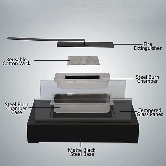 Tabletop Fireplace, Real Flame, Metal and Tempered Glass, Black or White — product view 6