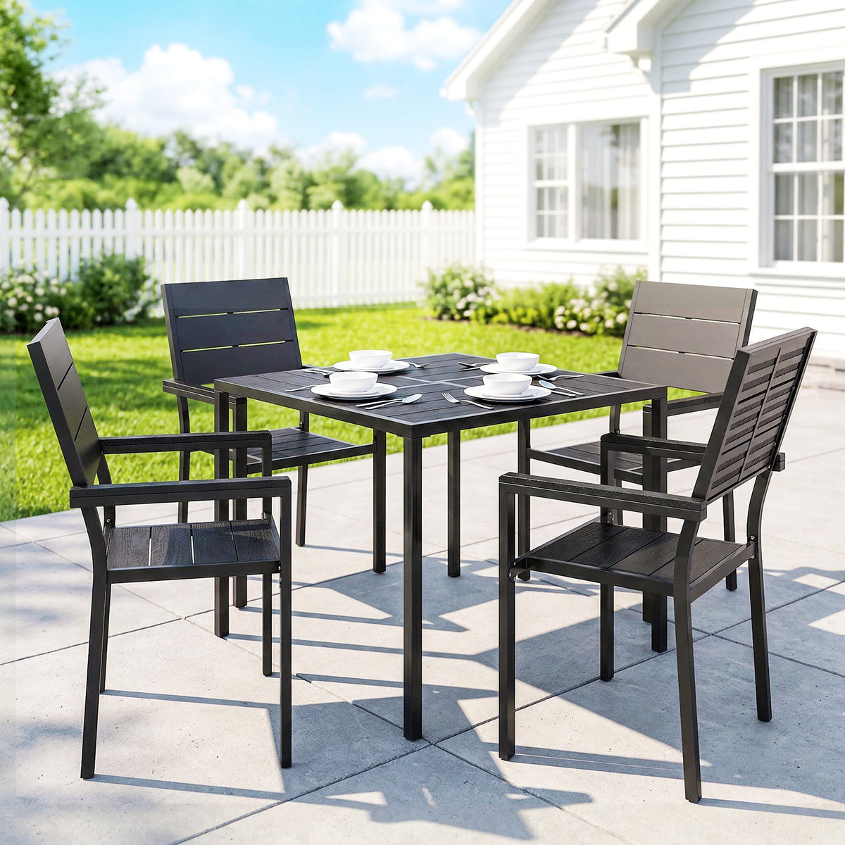 5-Piece Garden Dining Set, Square HDPE Table and Armrest Chairs for 4, Black — product view 3