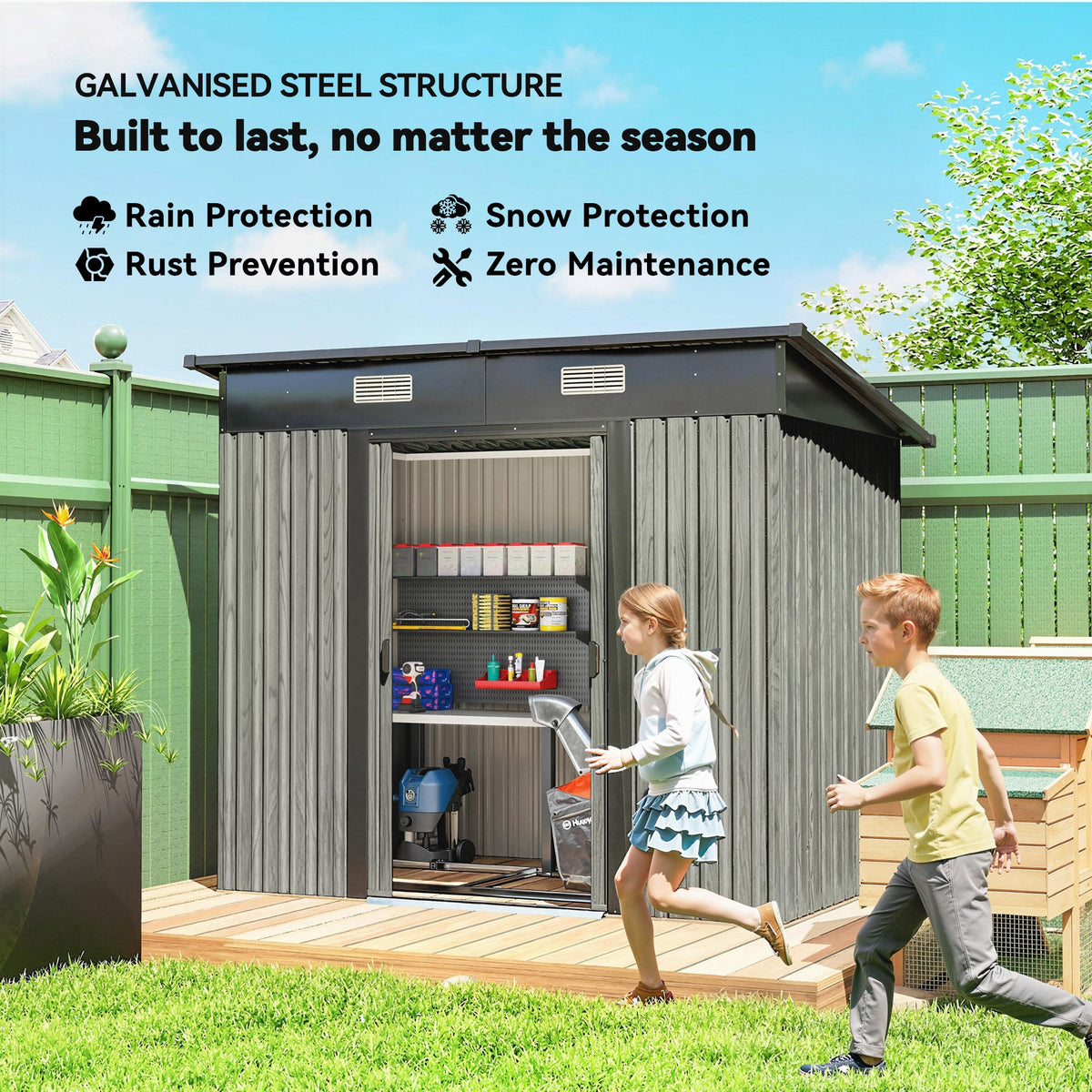 7 x 4 ft Lean-To Metal Shed with Foundation Kit for Bike & Mower, Light Grey — product view 6