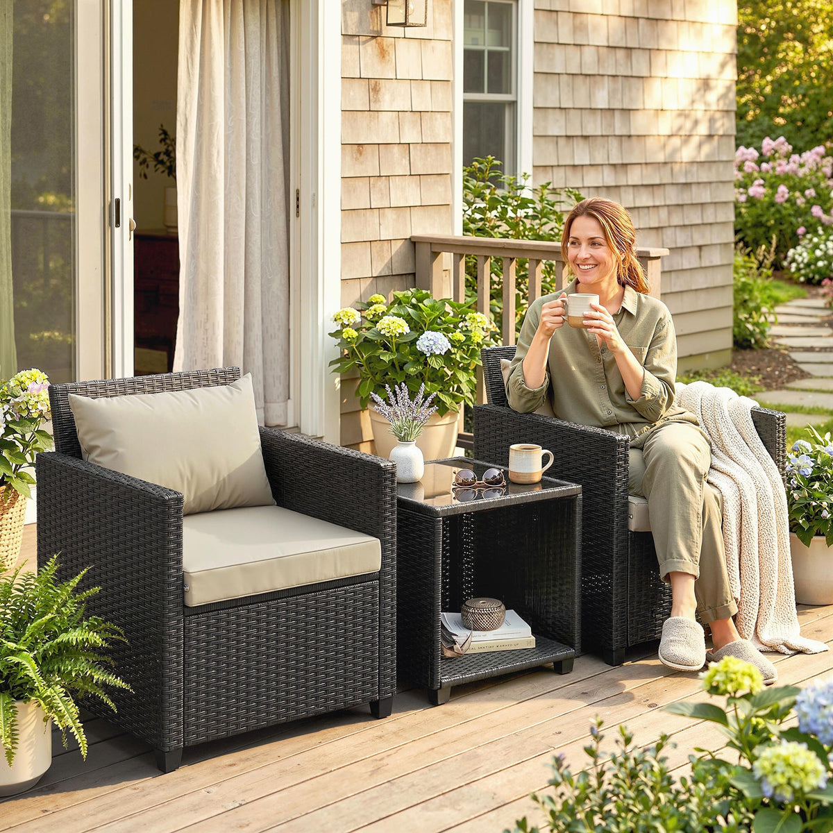 3 Piece Patio Bistro Set with Glass Table and Cushioned Chairs, Beige — product view 3
