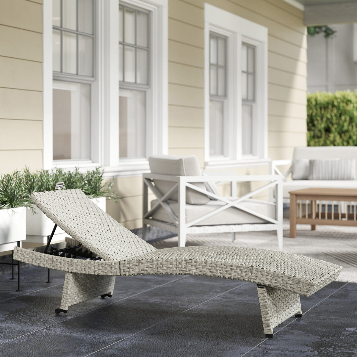 Folding PE Rattan Sun Lounger with Wheels & Adjustable Backrest, Grey — product view 3