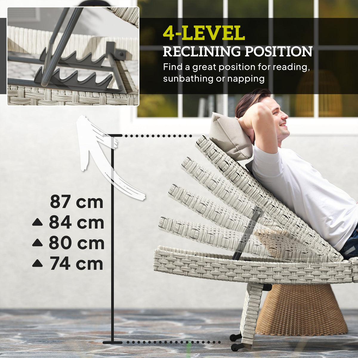 Folding PE Rattan Sun Lounger with Wheels & Adjustable Backrest, Grey — product view 7