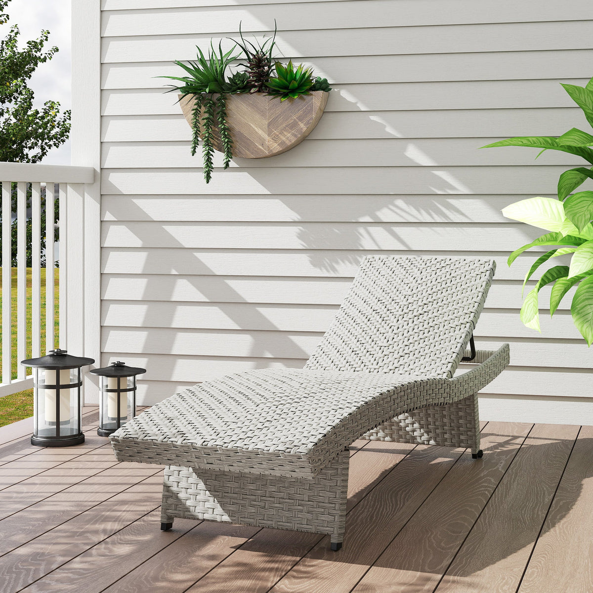 Folding PE Rattan Sun Lounger with Wheels & Adjustable Backrest, Grey — product view 4