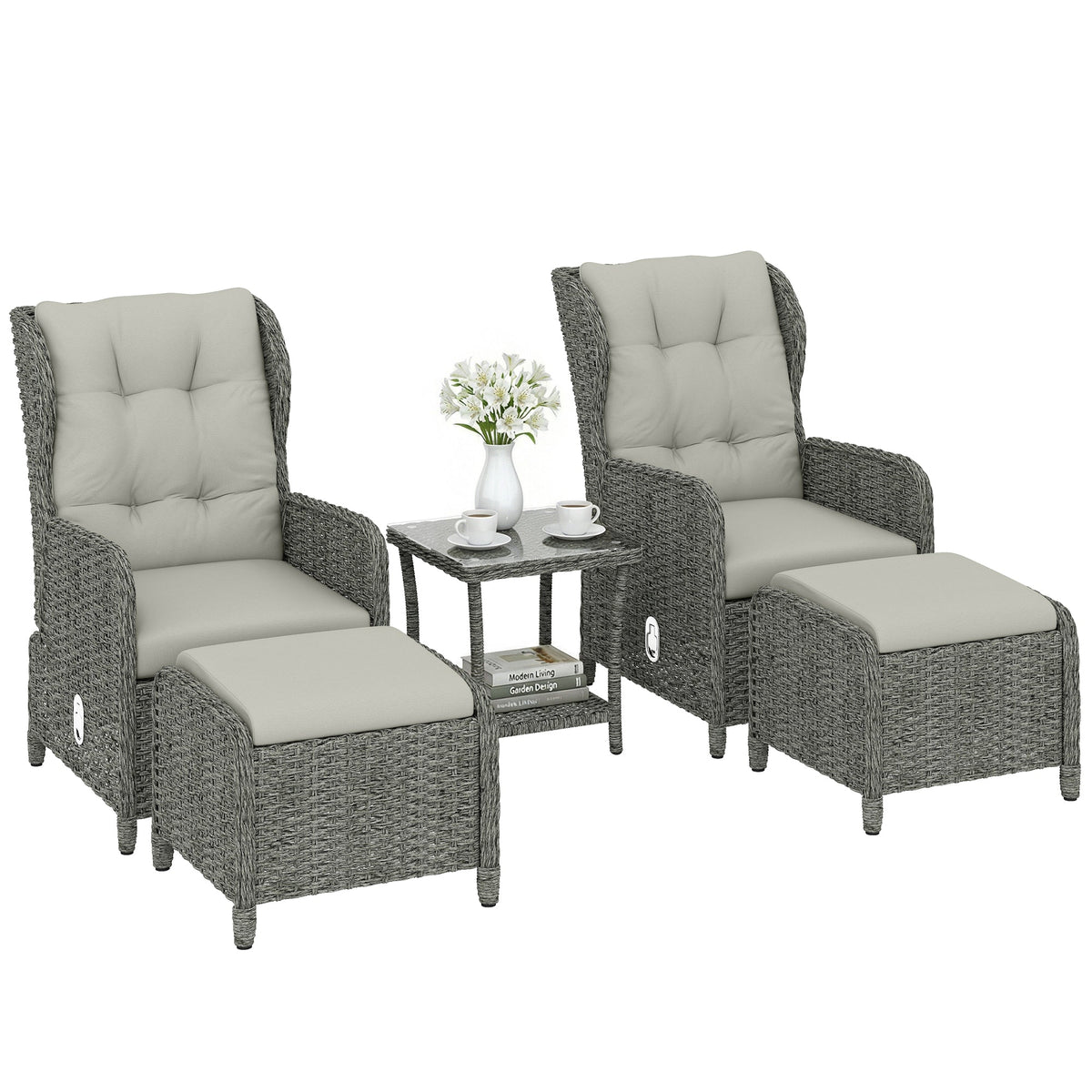 5 Piece Rattan Reclining Chair Set with Footstool and Glass Table, Cream White — product view 1