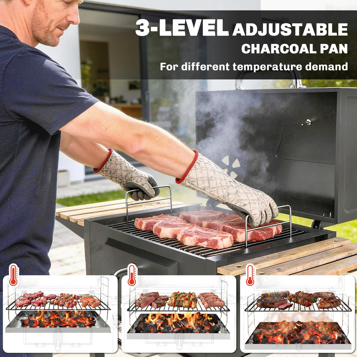 Charcoal BBQ Grill with Adjustable Charcoal Pan, 3 Shelves & Wheels — product view 7