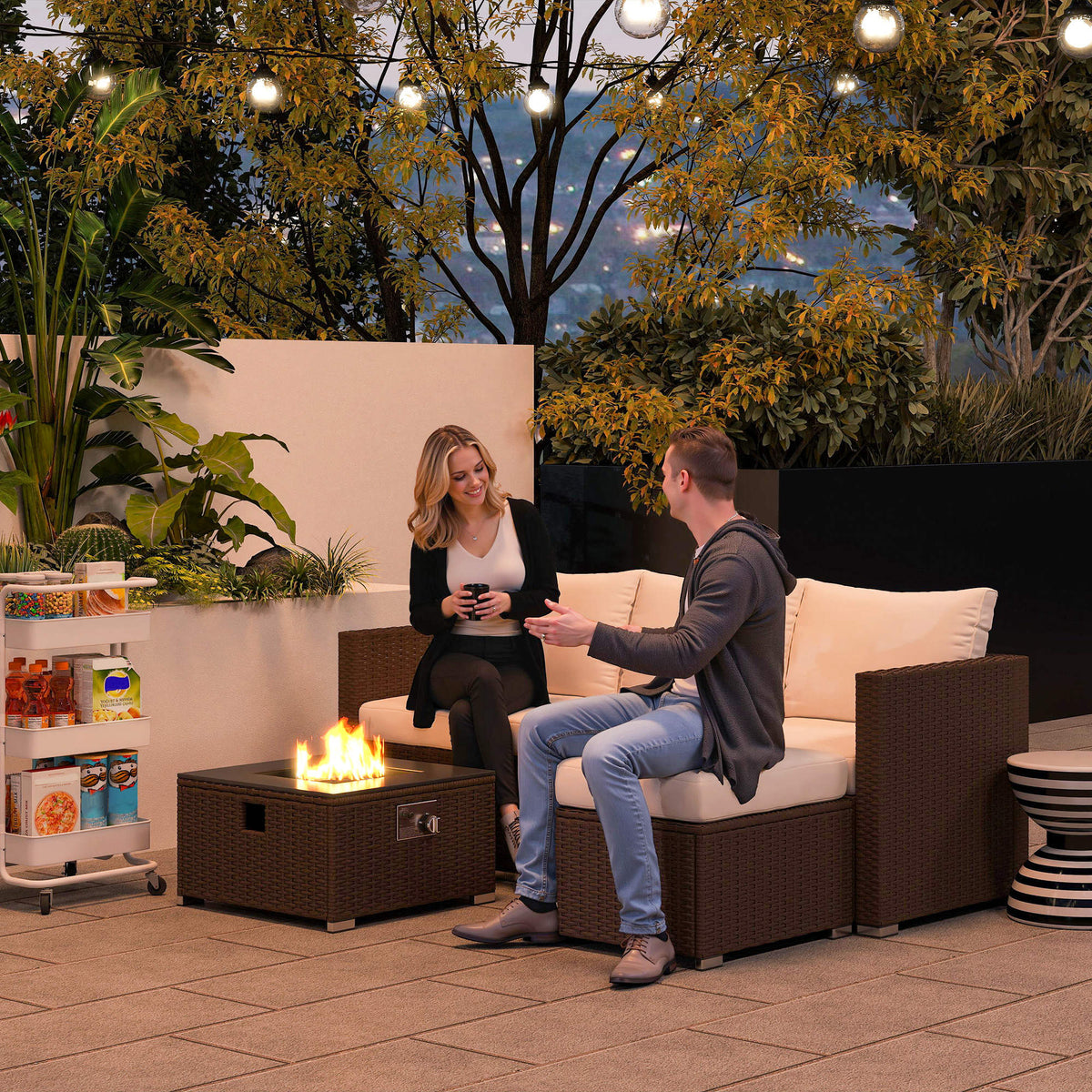 5 Piece Rattan Garden Furniture Set with Gas Fire Pit Table & Footstool, Brown/Cream — product view 3