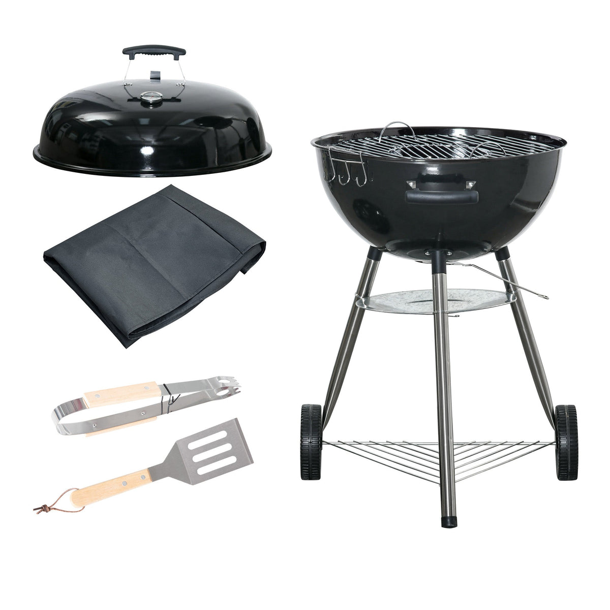 Portable Kettle Charcoal BBQ Smoker with Lid, Shelf & Wheels — product view 2