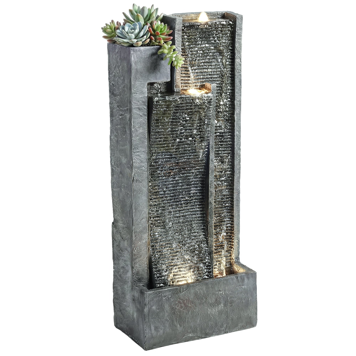 3-Tier Water Feature with LED Lights, Planter and Pump, Dark Grey — product view 1