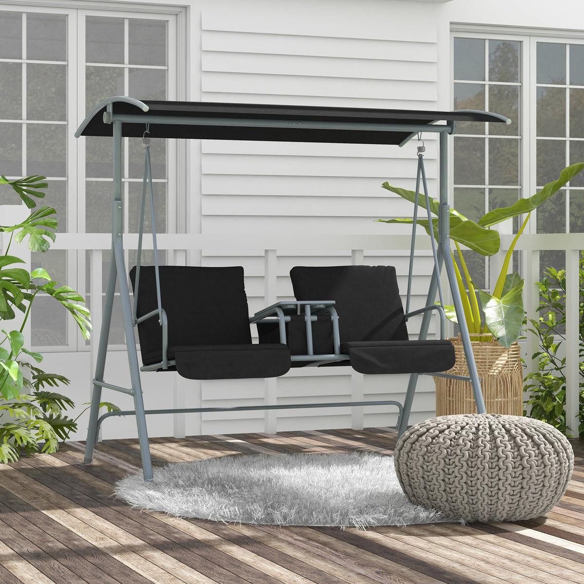 2-Person Porch Swing with Stand and Pivot Table, Black — product view 4