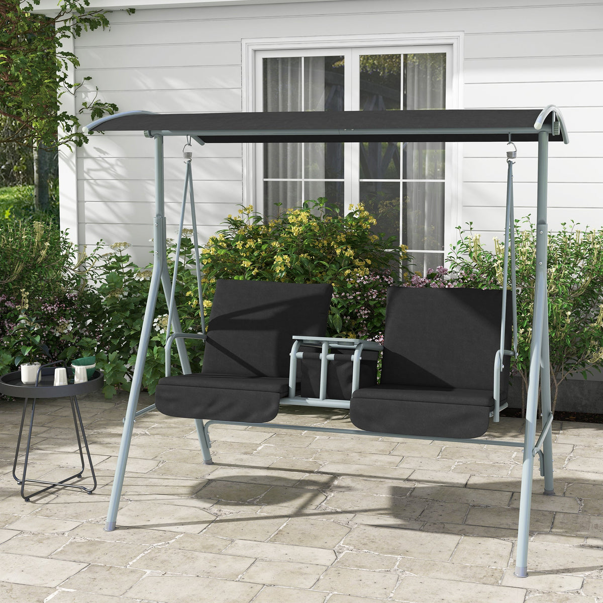 2 Seater Garden Swing Chair with Tilting Canopy, Tray & Storage Bag, Black — product view 3