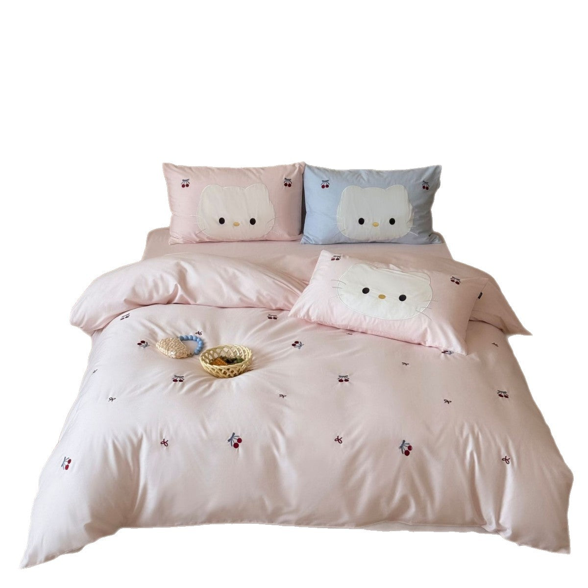 Cute embroidered bedding set with cat applique and cherry motif LoungeYard — product view 5