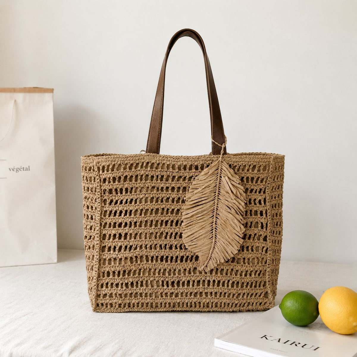 Macramé Beach Bag with Leather Accents LoungeYard — product view 2