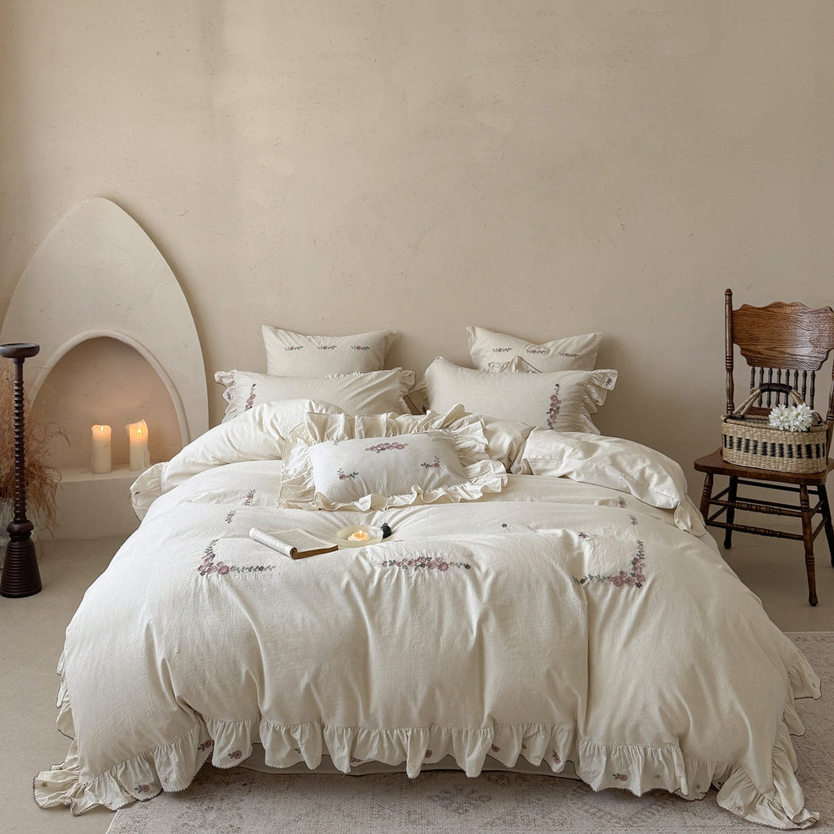 Bedding set in natural linen style with delicate rose garland embroidery and ruffled trim — product view 5