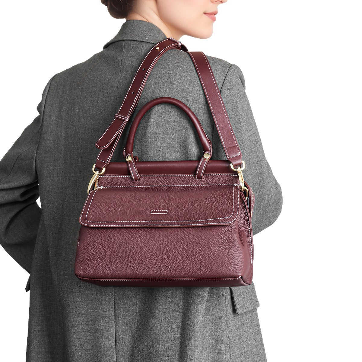Top-Handle Pebbled Leather Satchel with Contrast Stitching — product view 5