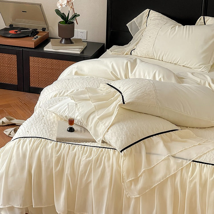 Luxurious bedding set with chiffon ruffles, comforter and contrast piping — product view 3