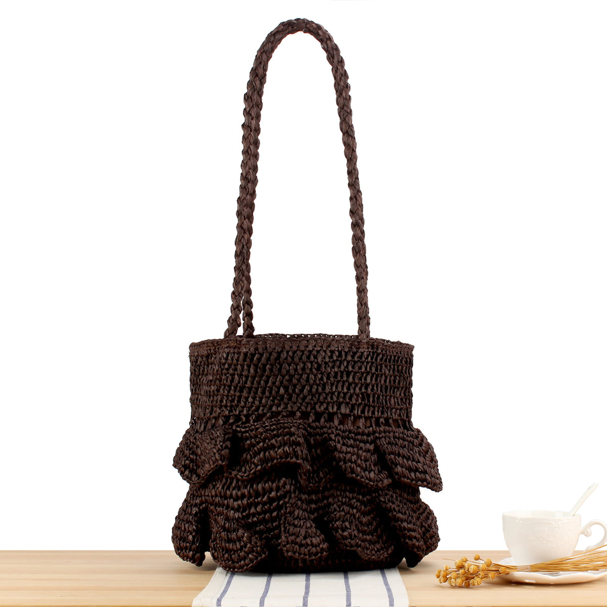 Braided backpack bag with stylish ruffle details LoungeYard — product view 5