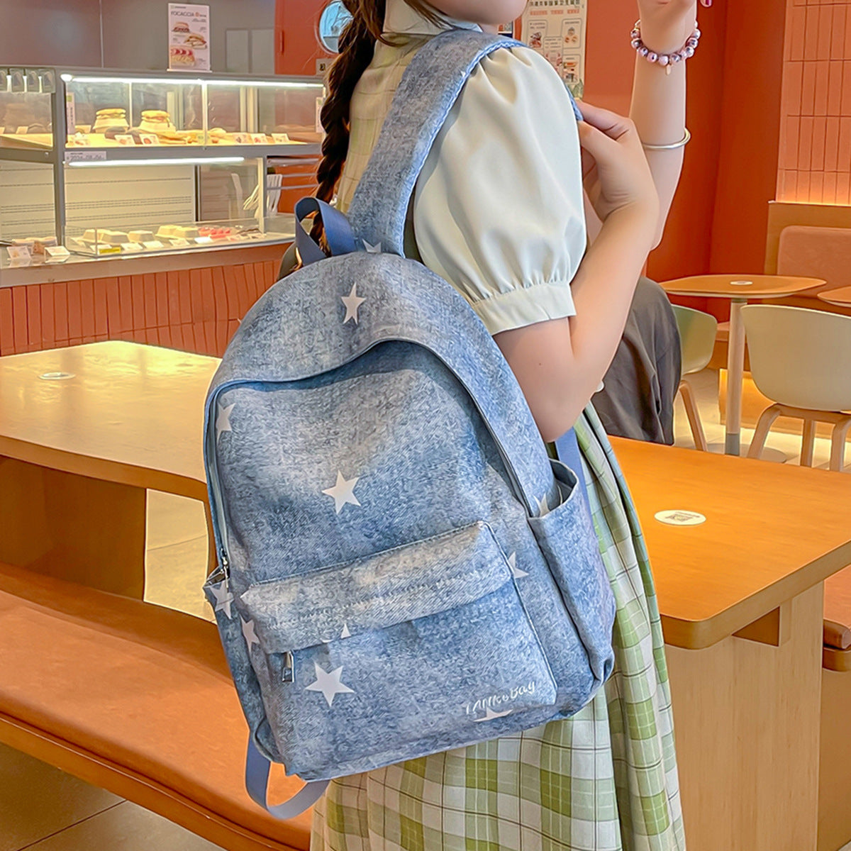 Casual Star-Print Denim Backpack LoungeYard — product view 2