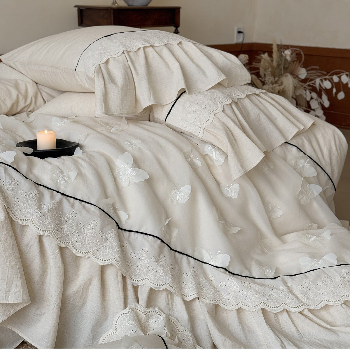 Romantic cotton bedding set with embroidery, lace frill, and fine piping — product view 2