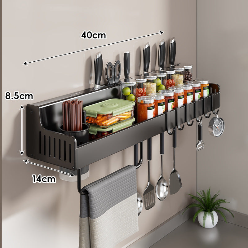 Wall-Mounted Stainless Steel Kitchen Rail with Knife Slots Spice Jar Shelf Multi-Hook Towel Bar — product view 6