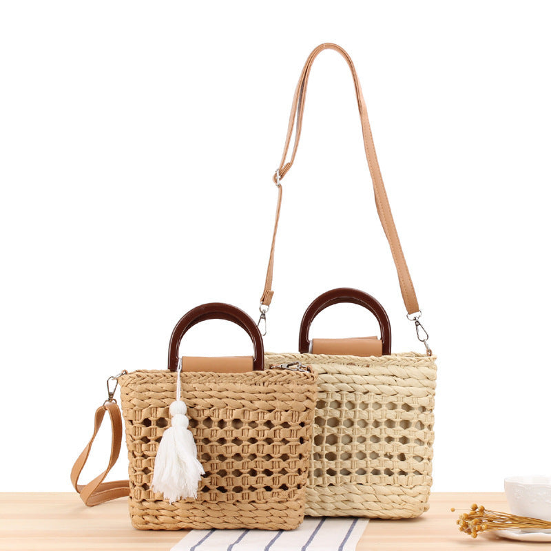 Woven tote bag with detachable faux leather strap LoungeYard — product view 2