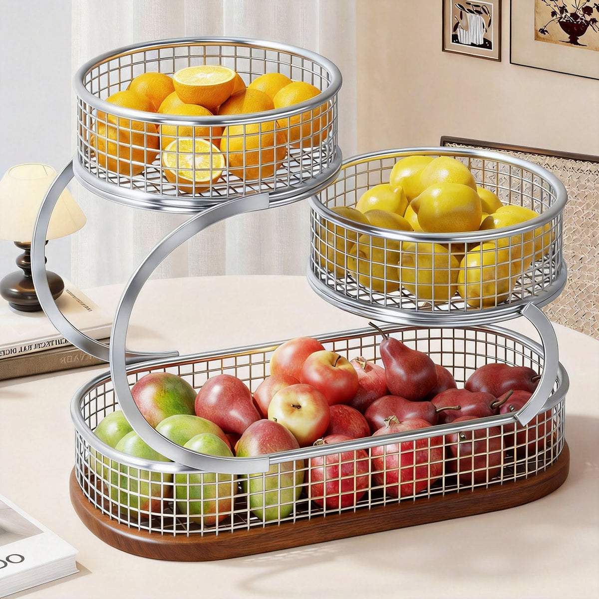 Three-Tier Metal Mesh Countertop Fruit & Produce Display Stand — product view 1