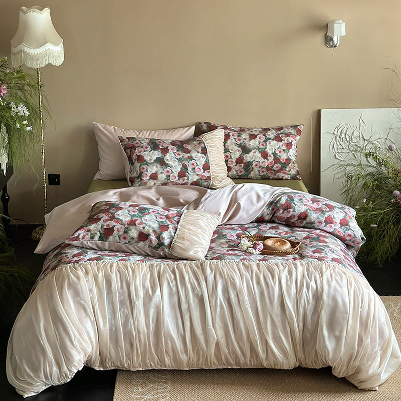 Luxurious satin bedding set with rose pattern and ruffled bed skirt — product view 6