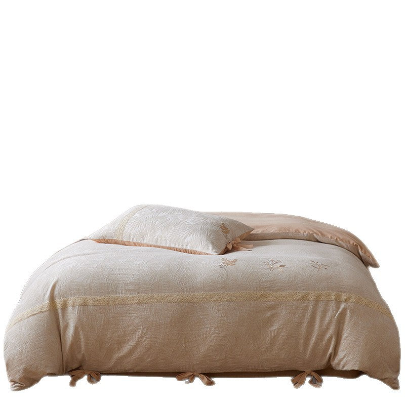 Premium cotton duvet cover with floral embroidery, lace trim and ribbon closure — product view 2