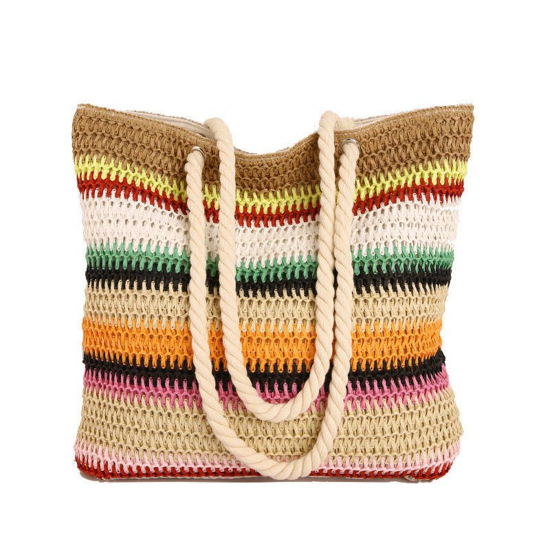 Striped Crochet Beach Tote with Rope Handles and Lined Interior LoungeYard — product view 6