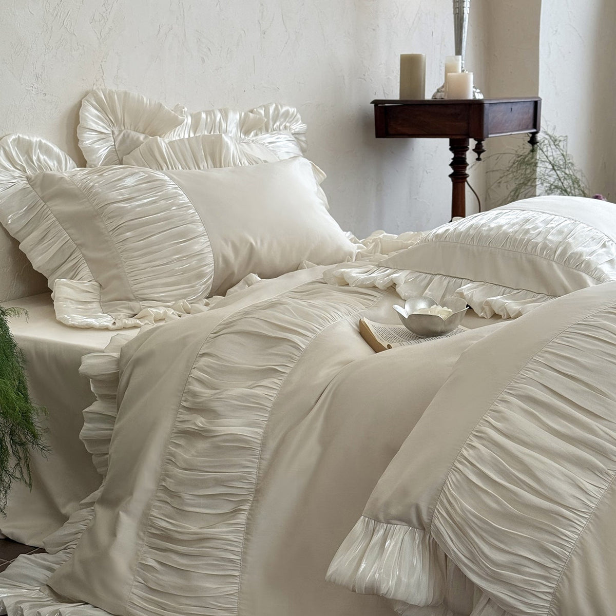 Elegant satin bed linen set with pleated inserts, ruffled edges and decorative cushions LoungeYard — product view 3