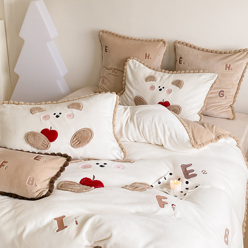 Kids Bedding Set with Plush Puppy, Vichy Check and Pom-Pom Trim — product view 2