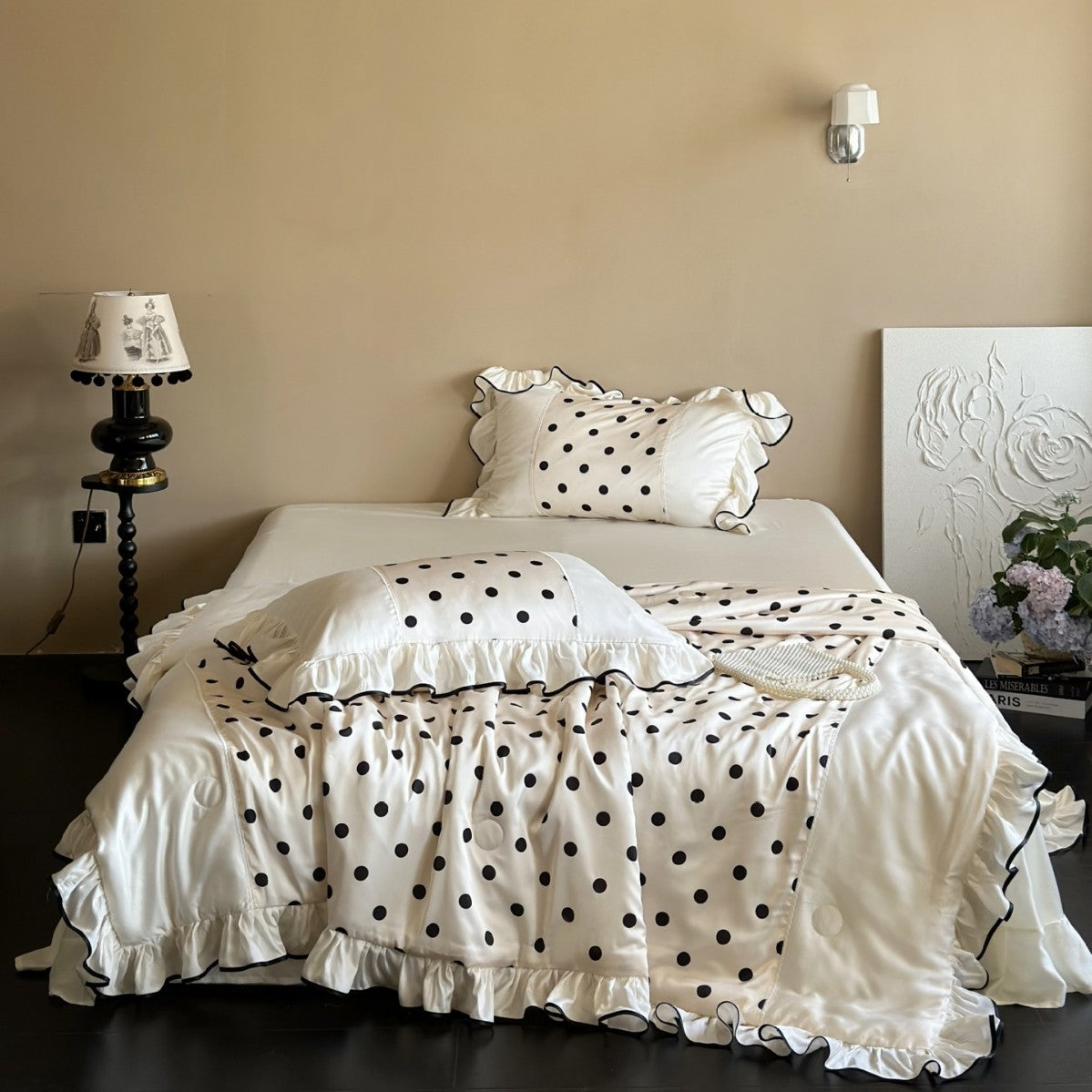 Elegant satin bedding set with polka dot pattern, ruffle and contrasting edge piping — product view 6