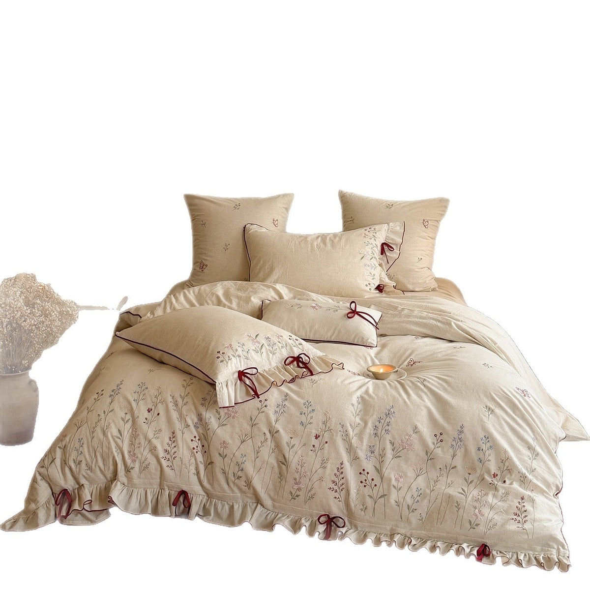 Luxurious linen bedding set with hand-embroidered bamboo and bird motif LoungeYard — product view 5