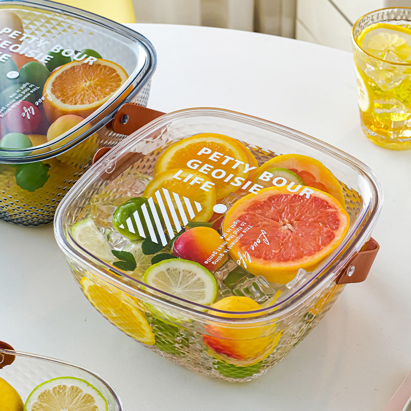 Portable food storage box with a tight-sealing lid and faux leather handle — product view 2