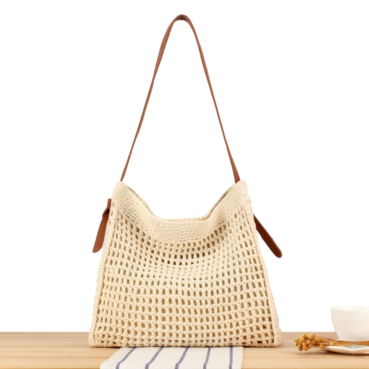 Braided shoulder bag with wide leather handles LoungeYard — product view 6