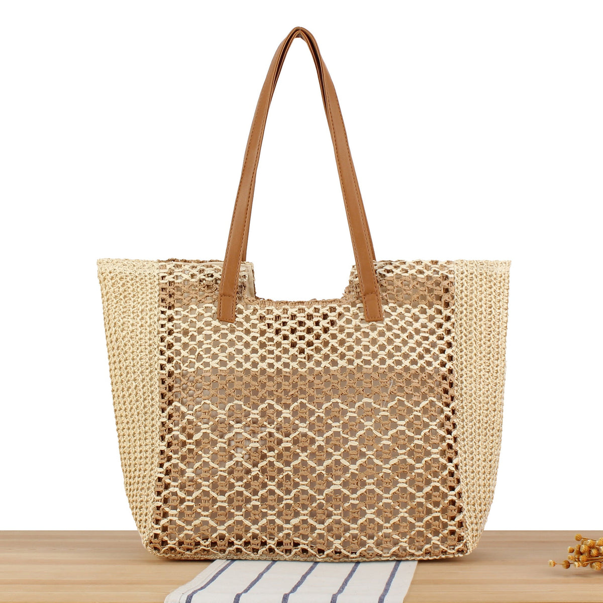 Woven beach bag with leather handles LoungeYard — product view 5