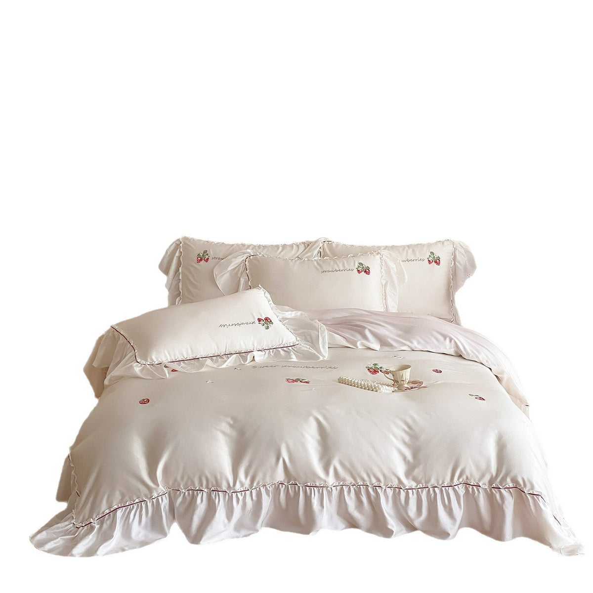 Romantic satin bedding set with strawberry embroidery and ruffles — product view 3