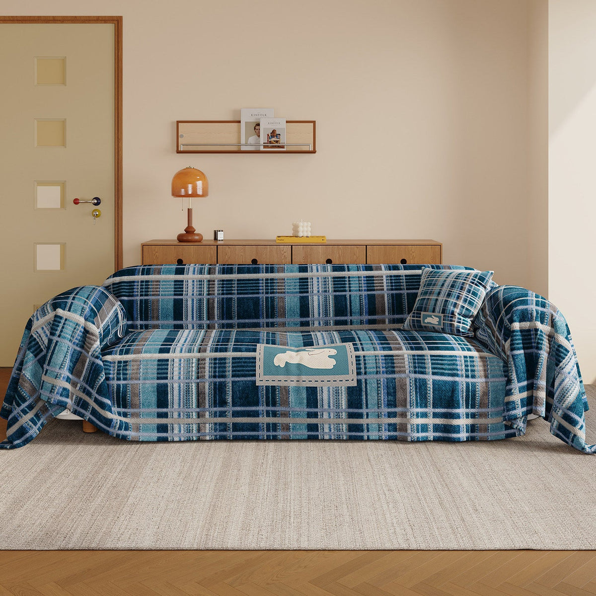 Brushed Microfiber Plaid Sofa Slipcover Throw with Bunny Appliqué and Removable Cushion Cover — product view 4
