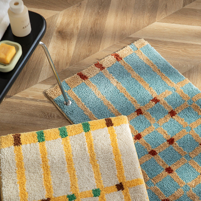 Soft runner bath mat with geometric checkered pattern and non-slip underside LoungeYard — product view 3