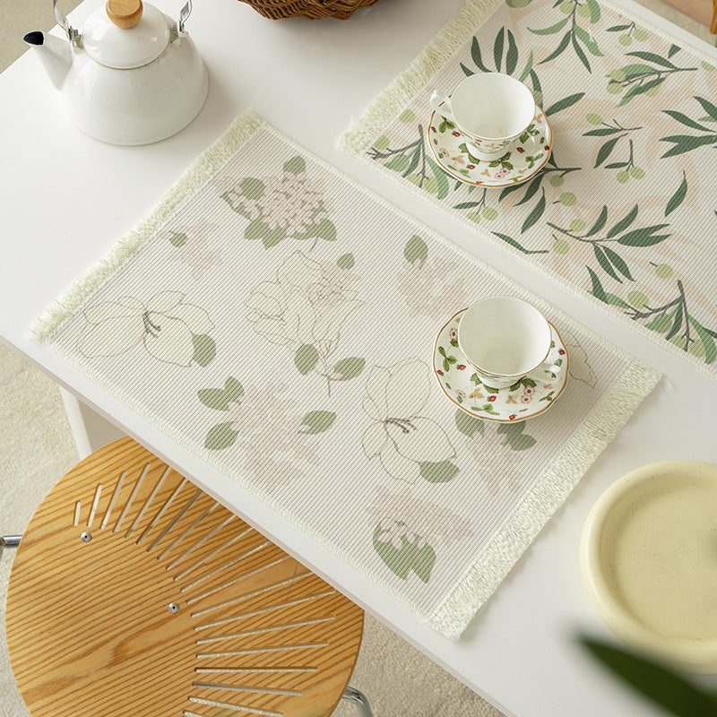 Floral woven bath mat with decorative fringes LoungeYard — product view 4