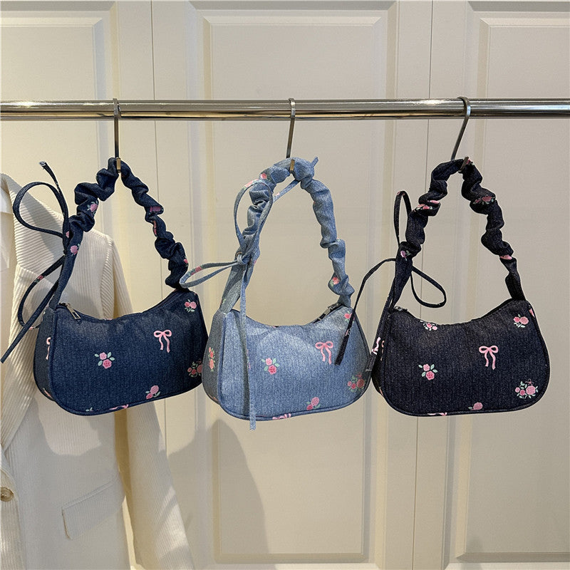 Embroidered Denim Shoulder Bag LoungeYard — product view 4