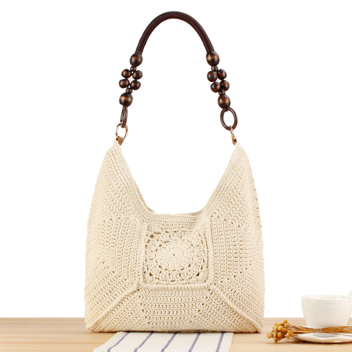 Handbag Made of Hand-Knotted Natural Material with Stylish Wooden Handles LoungeYard — product view 1